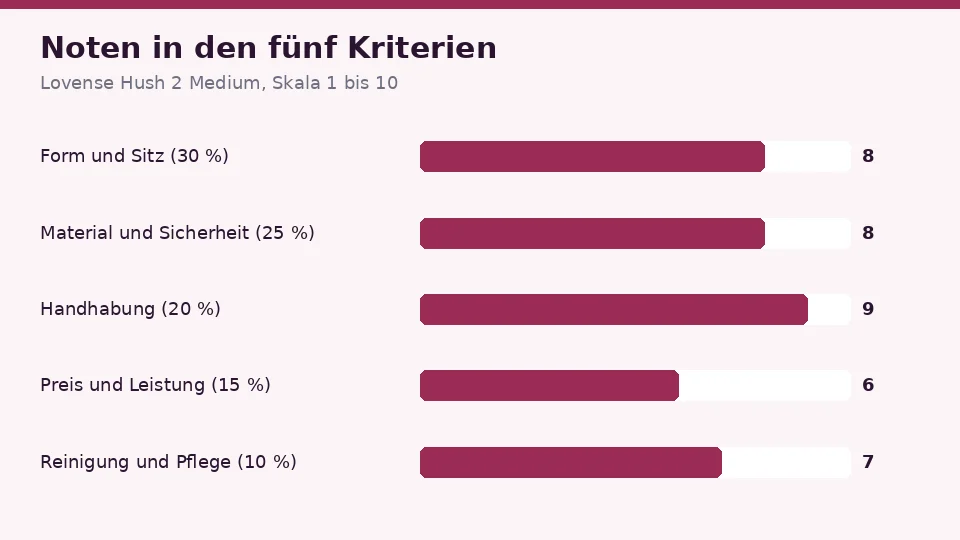 Noten für Lovense Hush 2 Medium in den fünf Kriterien: 8 für Gefühl und Struktur, 8 für Material und Sicherheit, 9 für Handhabung, 6 für Preis und Leistung und 7 für Reinigung und Pflege